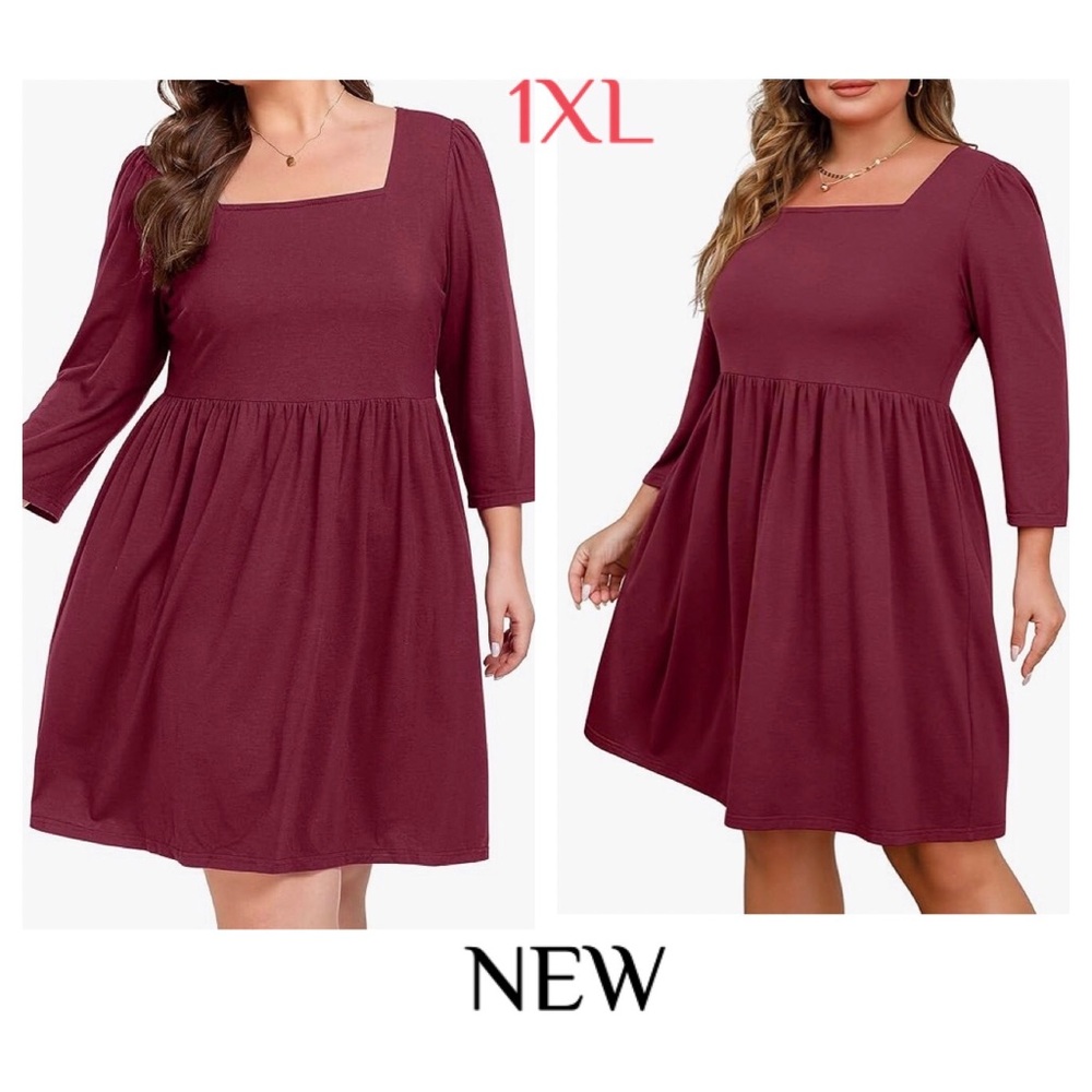 NEW Plus Size Women's Square Neck Burgundy Dress